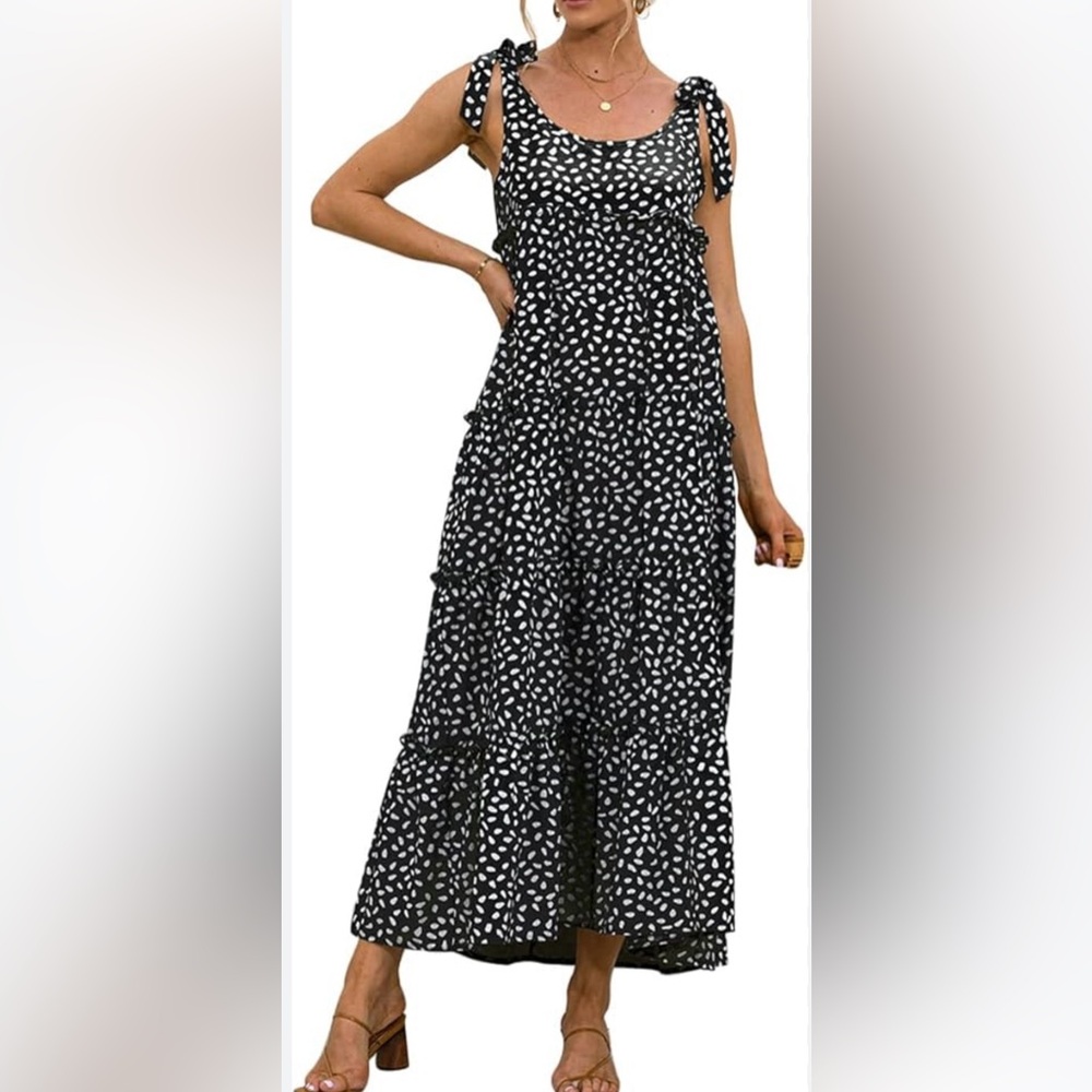 Tie Shoulder Round Neck Tiered Dress Above Ankle Length Size L NWT MSRP $48